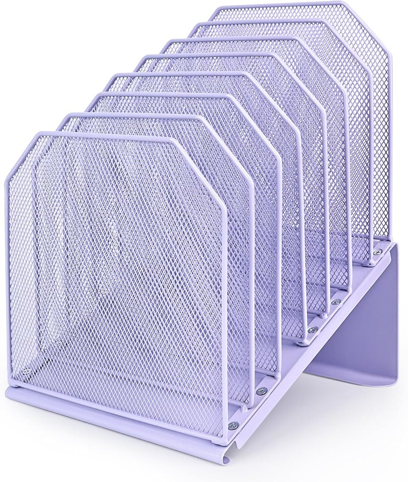 SUMMORE Inclined File Organizer for Desk, 7-Tier Vertical File Folder Holder Office Desk Organizer Metal Rack File Wire Mesh Desktop Document Sorter for Office School Classroom Home (Purple) - Image 1